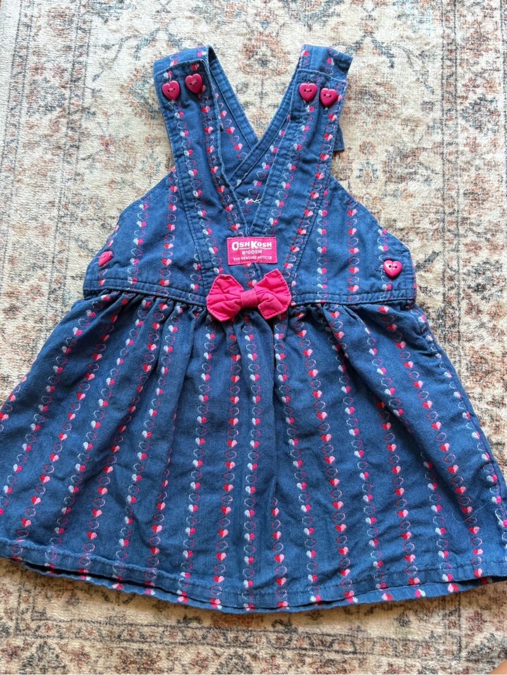 Vintage 3T Blue Oshkosh Heart Print Overall Dress W/ Heart Buttons, V-Neckline